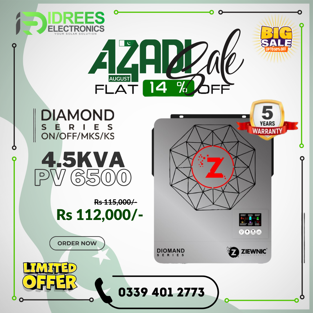 Ziewnic Diamond Series ON/OFF/MKS/KS Solar Hybrid Inverter 4.5 (KW) 5G PV6500 5 Year Brand Warranty