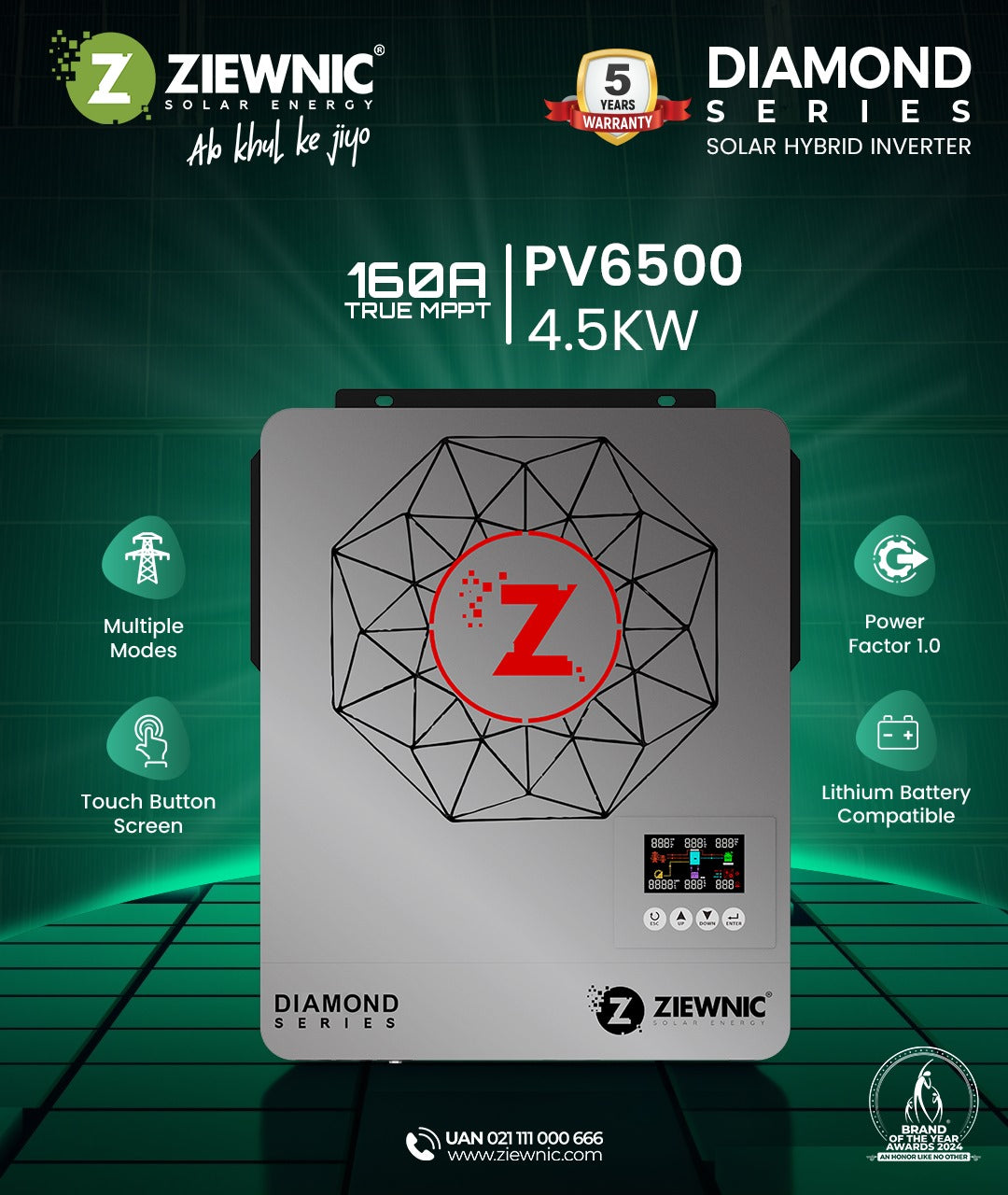 Ziewnic Diamond Series ON/OFF/MKS/KS Solar Hybrid Inverter 4.5 (KW) 5G PV6500 5 Year Brand Warranty