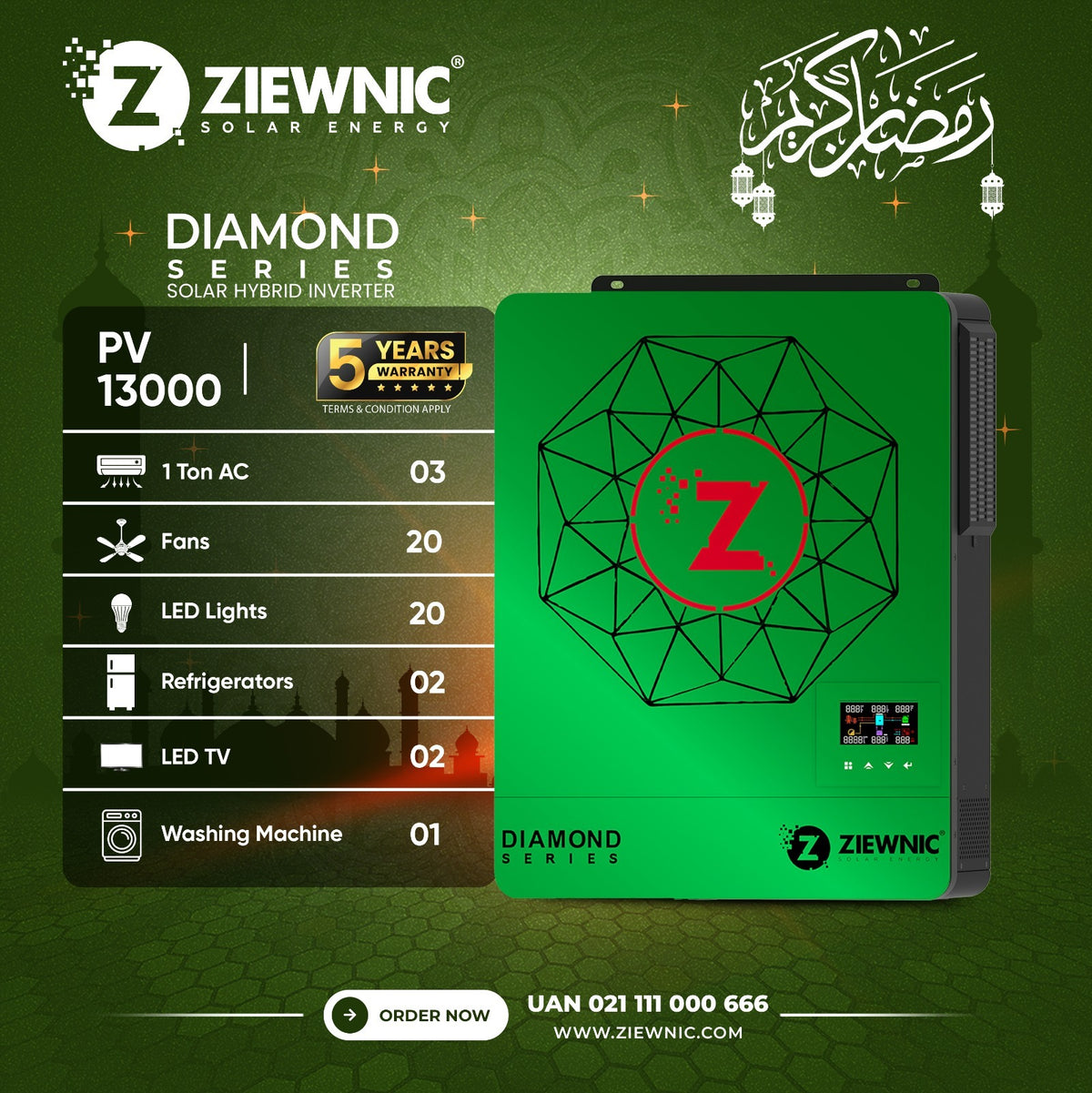 Ziewnic Diamond Series ON/OFF/MKS/KS Solar Hybrid Inverter 10.5 (KW) 5G PV13000 5 year brand warranty