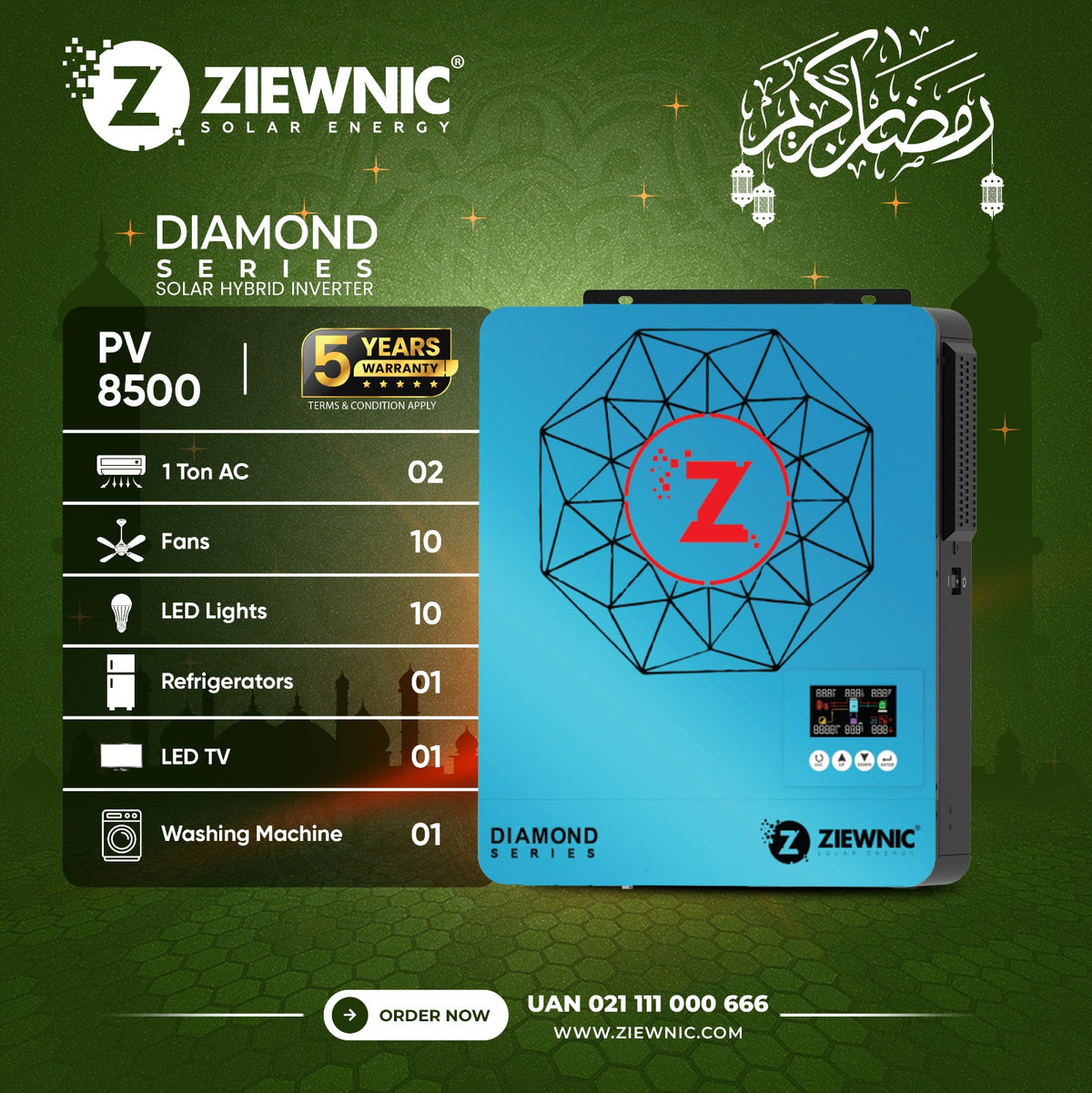 ZIEWNIC Diamond ON/OFF/MKS/KS Solar Hybrid Inverter 6.5 (KW) 5G PV8500 5 Year Brand Warranty