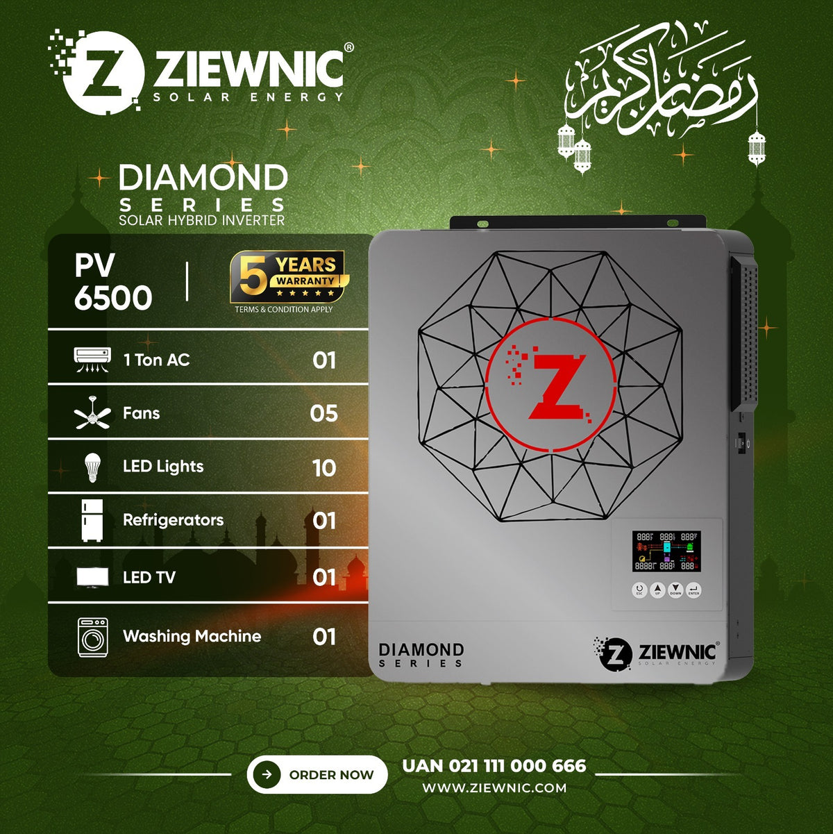 Ziewnic Diamond Series ON/OFF/MKS/KS Solar Hybrid Inverter 4.5 (KW) 5G PV6500 5 Year Brand Warranty