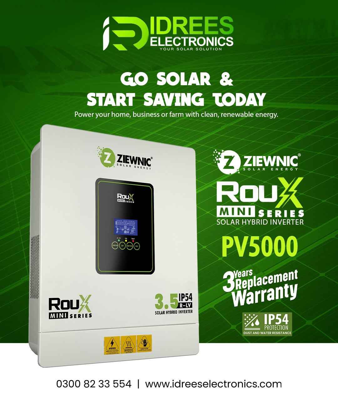 Ziewnic Roux Mini Series 3.5KW PV5000 IP54 Solar Inverter 5 Year Warranty
